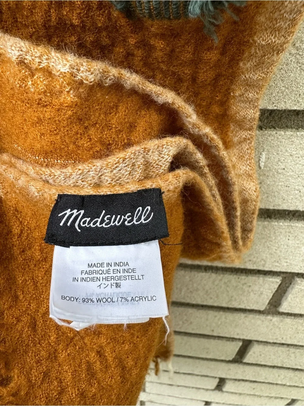 Madewell Wool Blend Textured Fringe Scarf Mustard Boho Artisan Pom Pom